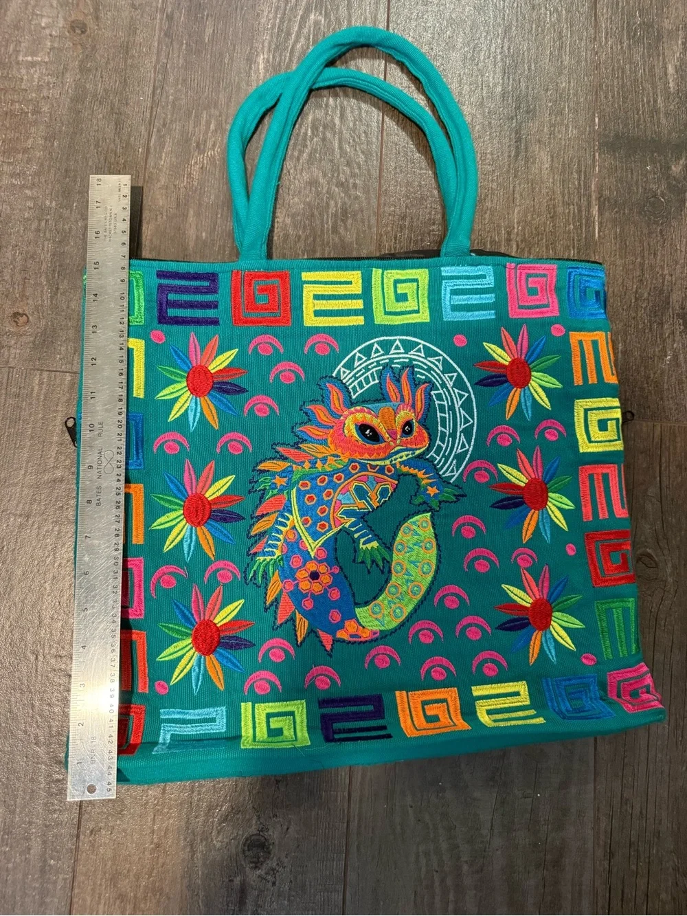 Embroidered Teal Tote Bag with Colorful Mythical Creature Motif